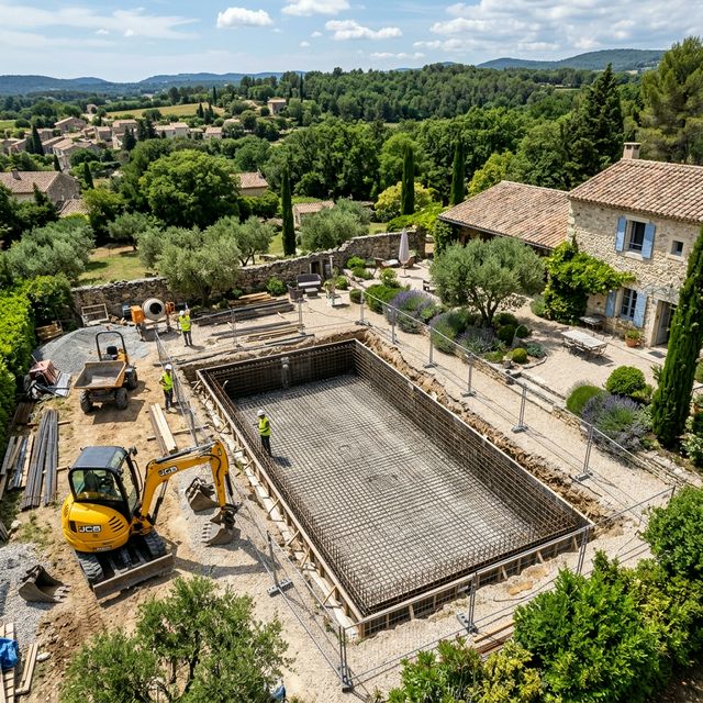 Vue aérienne d'un chantier de piscine béton avec ferraillage et mini-pelle