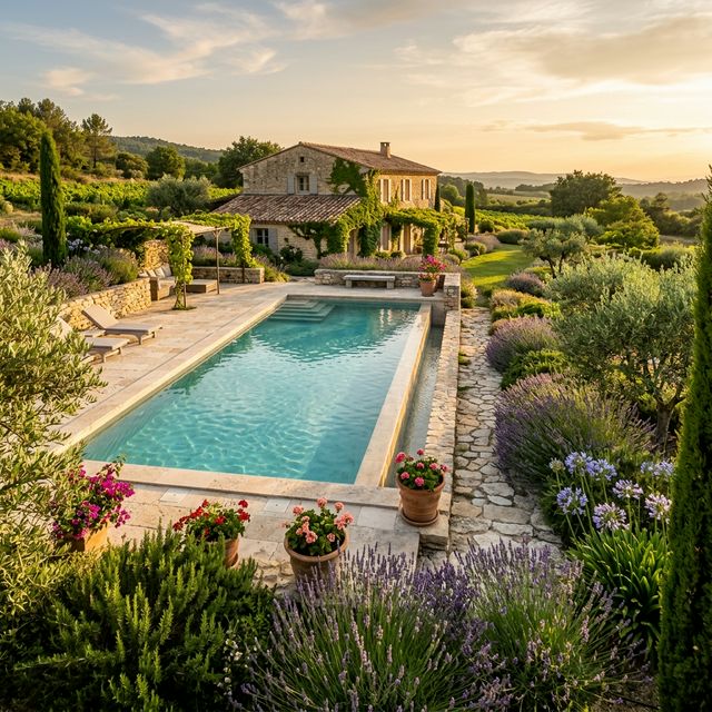 Piscine béton dans un jardin provençal — margelles en pierre naturelle et eau cristalline